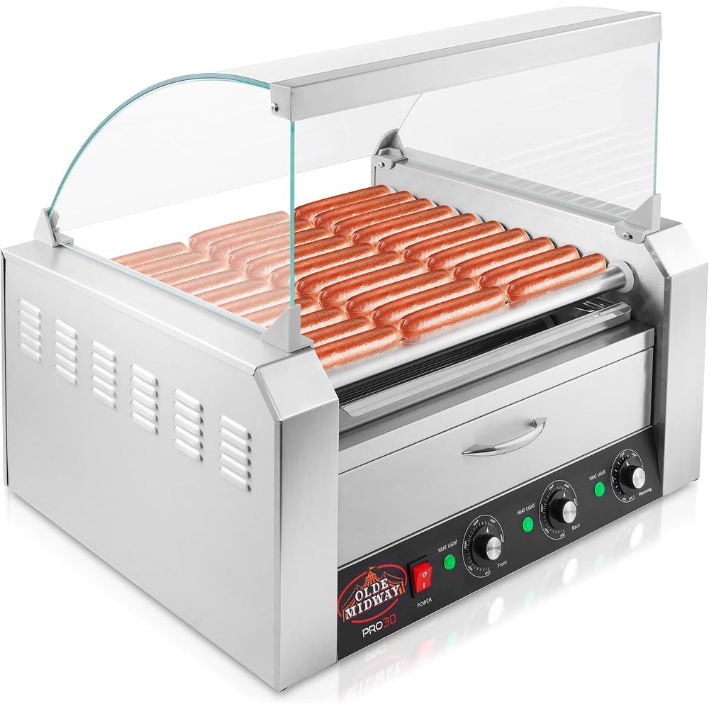 Hot Dog Roller Grill - Olde Way Elektrischer 30-Hotdog-11-Rollen-Grill mit Brötchenwärmer