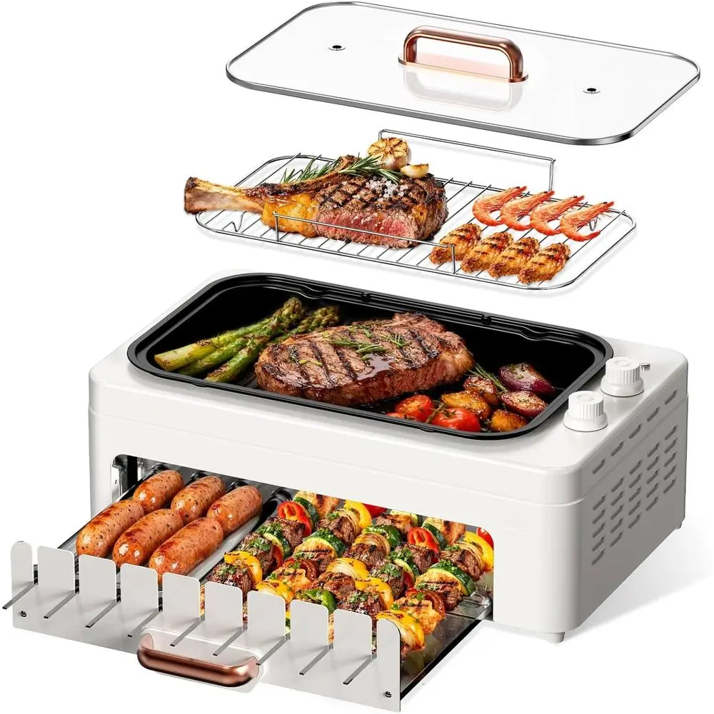 Hot Dog Roller Grill - 4-in-1 Indoor-Tischgrill: Abnehmbare Pfanne, Rotierende Spieße,